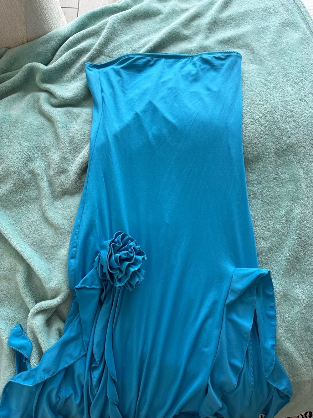 EGO Strapless Maxi Dress in Turquoise Blue with Floral Detail